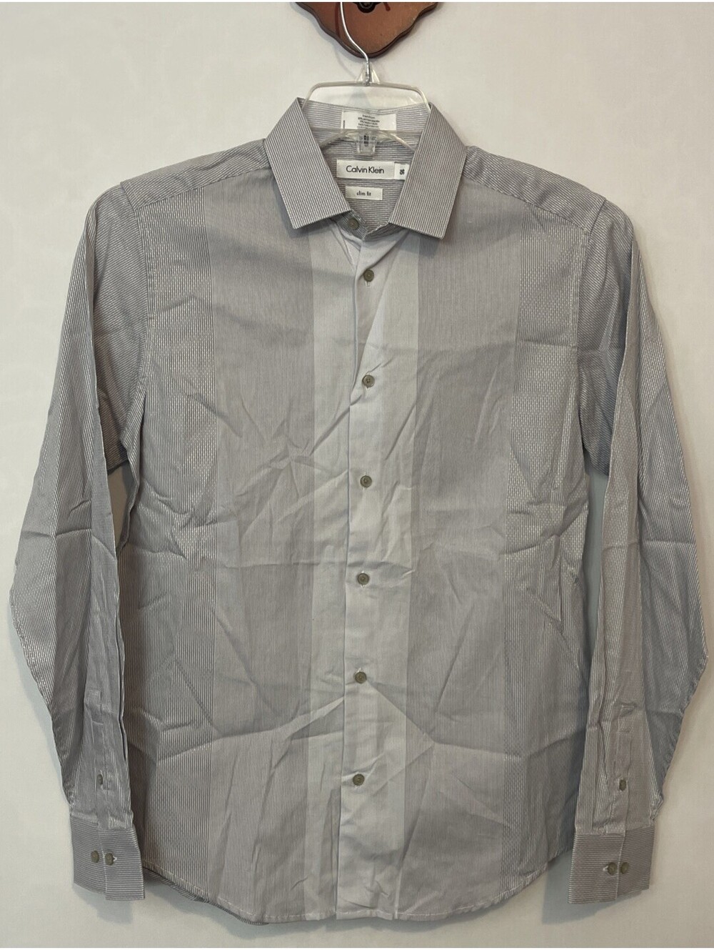 Calvin Klein Boys 16 Gray Striped Button-Up Slim Fit Collared Dress Shirt! A6734